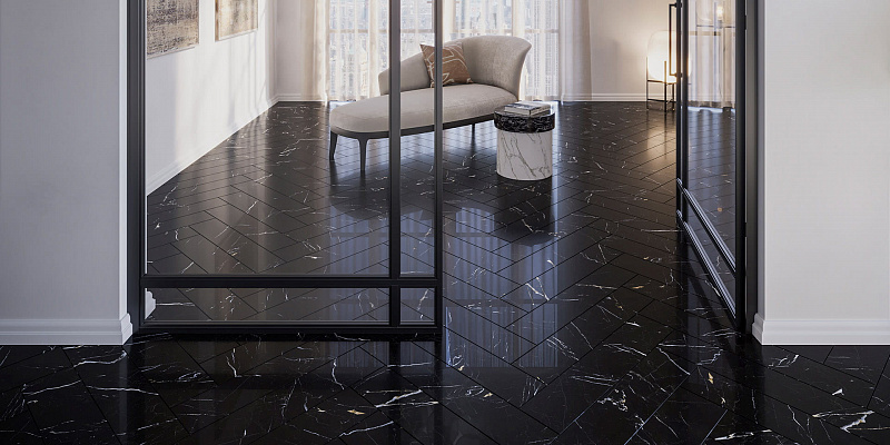 Кварцвинил Invictus Maximus Dryback Herringbone Black Marble - Noir